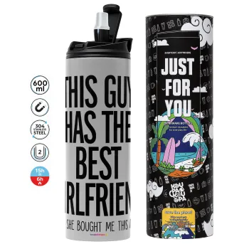 This guy has the best Girlfriend, Tumbler ποτήρι θερμό ΓΚΡΙ από ανοξείδωτο ατσάλι 600ml