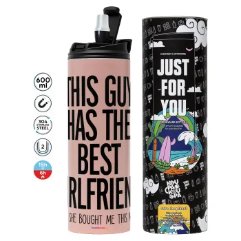 This guy has the best Girlfriend, Tumbler ποτήρι θερμό ΡΟΖ από ανοξείδωτο ατσάλι 600ml