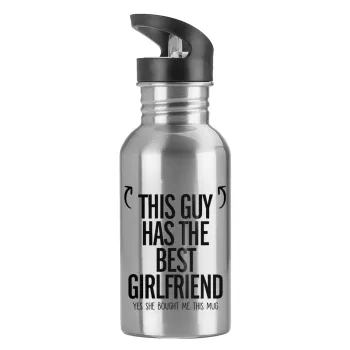 This guy has the best Girlfriend, Water bottle Silver with straw, stainless steel 600ml