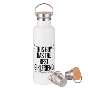 This guy has the best Girlfriend, Stainless steel White with wooden lid (bamboo), double wall, 750ml