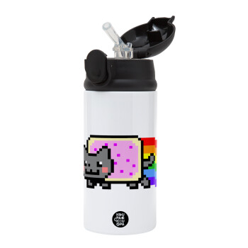 Nyan Pop-Tart Cat, Children's hot water bottle, stainless steel, with safety straw, Black (360ml) BPA-FREE