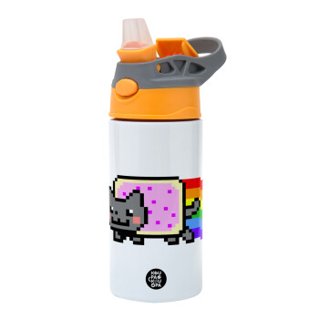 Nyan Pop-Tart Cat, Παιδικό παγούρι θερμό, ανοξείδωτο, με καλαμάκι ασφαλείας, Πορτοκαλί/Γκρι (360ml) BPA-FREE