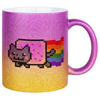 Nyan Pop-Tart Cat, Κούπα Χρυσή/Ροζ Glitter, κεραμική, 330ml
