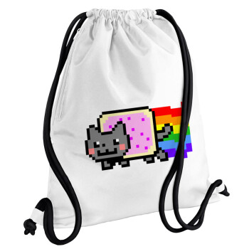 Nyan Pop-Tart Cat, Τσάντα πλάτης πουγκί GYMBAG λευκή, με τσέπη (40x48cm) & χονδρά κορδόνια