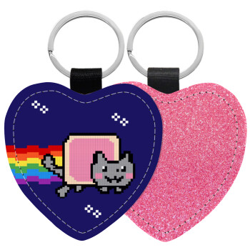 Nyan Pop-Tart Cat, Μπρελόκ PU δερμάτινο glitter καρδιά ΡΟΖ