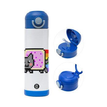 Nyan Pop-Tart Cat, Children's hot water bottle, stainless steel, with safety straw, BLUE (500ml)