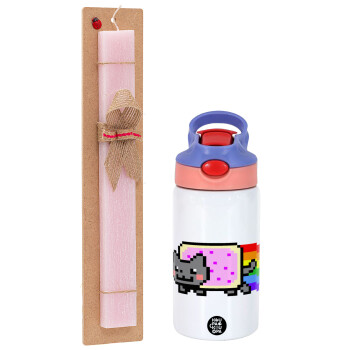 Nyan Pop-Tart Cat, Easter Set, Children's thermal stainless steel water bottle with safety straw, pink/purple (350ml) & Easter scented flat candle (30cm) (PINK)
