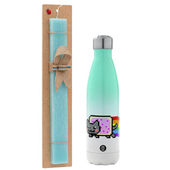 Nyan Pop-Tart Cat, Easter Set, Metallic green/white thermos (Stainless steel), double-walled, 500ml & scented flat Easter candle (30cm) (TURQUOISE)