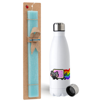 Nyan Pop-Tart Cat, Easter Set, metallic stainless steel water bottle (750ml) & aromatic flat Easter candle (30cm) (TURQUOISE)