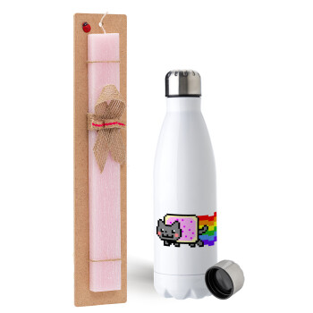 Nyan Pop-Tart Cat, Easter Set, metallic stainless steel water bottle (750ml) & scented flat Easter candle (30cm) (PINK)