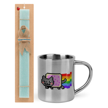 Nyan Pop-Tart Cat, Πασχαλινό Σετ, μεταλλική κούπα θερμό (300ml) & πασχαλινή λαμπάδα αρωματική πλακέ (30cm) (ΤΙΡΚΟΥΑΖ)