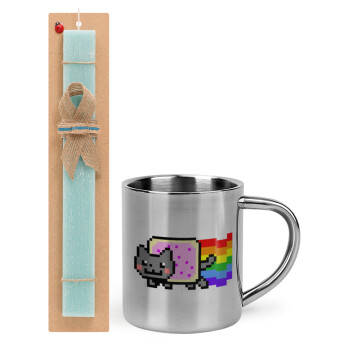 Nyan Pop-Tart Cat, Easter Set, metallic thermal cup (300ml) & aromatic flat Easter candle (30cm) (TURQUOISE)
