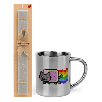 Nyan Pop-Tart Cat, Πασχαλινή Λαμπάδα με μεταλλική κούπα θερμό (300ml) & κερί αρωματικό πλακέ (30cm) (ΓΚΡΙ)