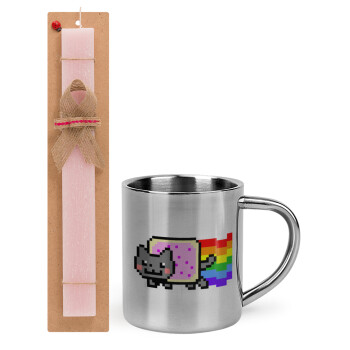 Nyan Pop-Tart Cat, Easter Set, metallic thermal cup (300ml) & aromatic flat Easter candle (30cm) (PINK)