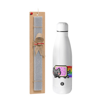 Nyan Pop-Tart Cat, Easter Set, metallic stainless thermos bottle (500ml) & scented flat Easter candle (30cm) (GRAY)