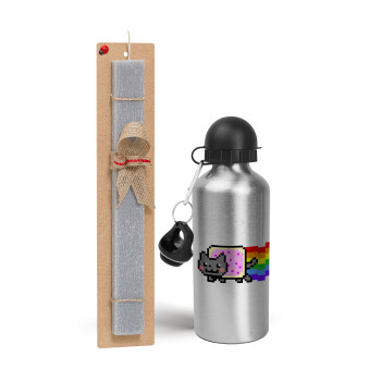 Nyan Pop-Tart Cat, Easter Set, metallic silver aluminum water bottle (500ml) & aromatic flat Easter candle (30cm) (GRAY)
