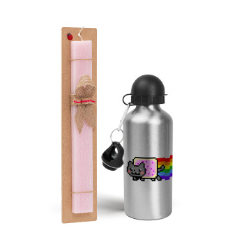 Nyan Pop-Tart Cat, Easter Set, metallic Silver aluminum water bottle (500ml) & scented flat Easter candle (30cm) (PINK)