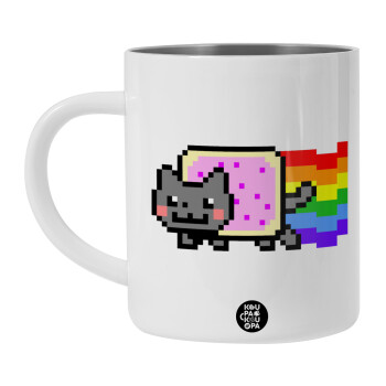 Nyan Pop-Tart Cat, Λευκή Ανοξείδωτη Μεταλλική Κούπα 450ml - Διπλού Τοιχώματος 