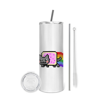 Nyan Pop-Tart Cat, Tumbler ποτήρι θερμό από ανοξείδωτο ατσάλι 600ml, με μεταλλικό καλαμάκι & βούρτσα καθαρισμού