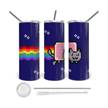Nyan Pop-Tart Cat, Tumbler ποτήρι θερμό από ανοξείδωτο ατσάλι 600ml, με μεταλλικό καλαμάκι & βούρτσα καθαρισμού