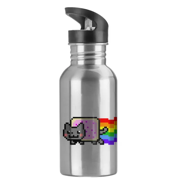 Nyan Pop-Tart Cat — Water bottle Silver with straw, stainless steel 600ml