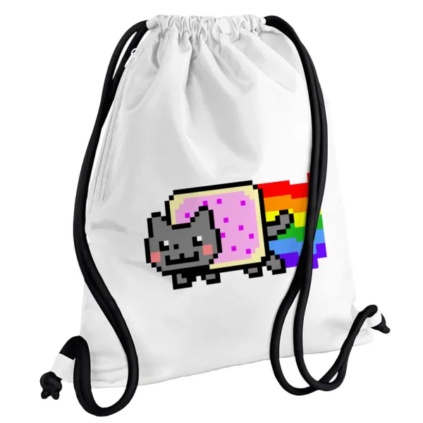 Nyan Pop-Tart Cat — Backpack pouch GYMBAG white, with pocket (40x48cm) & thick cords