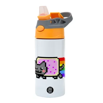 Nyan Pop-Tart Cat, Παιδικό παγούρι θερμό, ανοξείδωτο, με καλαμάκι ασφαλείας, Πορτοκαλί/Γκρι (360ml) BPA-FREE