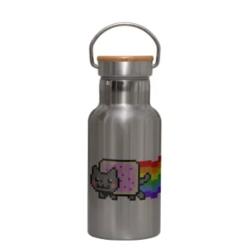Nyan Pop-Tart Cat, Stainless steel metallic thermos flask, silver with a bamboo lid, double-walled, 350ml.