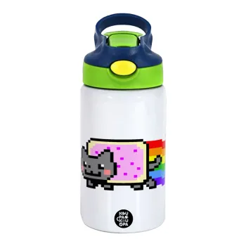 Nyan Pop-Tart Cat, Children's hot water bottle, stainless steel, with safety straw, green, blue (350ml)
