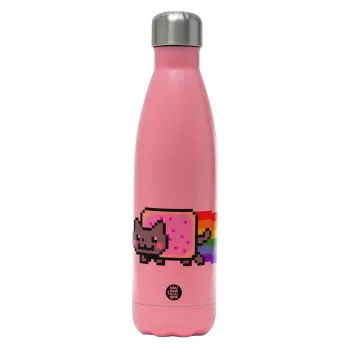 Nyan Pop-Tart Cat, Μεταλλικό παγούρι θερμός Ροζ Ματ (Stainless steel), διπλού τοιχώματος, 500ml
