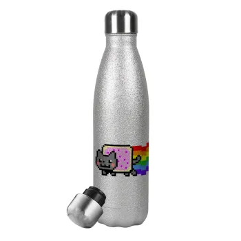 Nyan Pop-Tart Cat, Metallic Glitter Silver Thermos Flask (Stainless steel), double-walled, 500ml