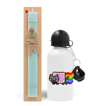 Nyan Pop-Tart Cat, Easter Set, metallic aluminum water bottle (500ml) & scented flat candle (30cm) (TURQUOISE)