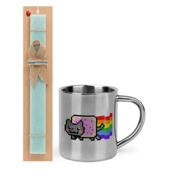 Nyan Pop-Tart Cat, Easter Set, metallic thermal cup (300ml) & aromatic flat Easter candle (30cm) (TURQUOISE)