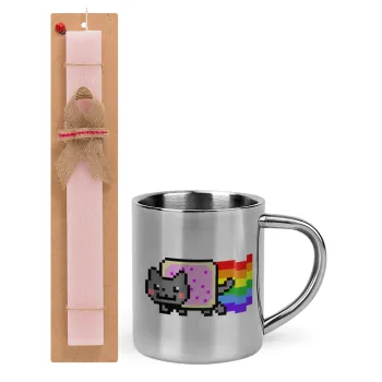Nyan Pop-Tart Cat, Πασχαλινή Λαμπάδα με μεταλλική κούπα θερμό (300ml) & κερί αρωματικό πλακέ (30cm) (ΡΟΖ)