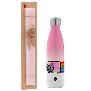 Nyan Pop-Tart Cat, Easter Set, Metallic pink/white (Stainless steel) thermos, double-walled, 500ml & aromatic flat Easter candle (30cm) (PINK)