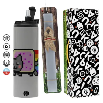 Nyan Pop-Tart Cat, Πασχαλινή Λαμπάδα με Travel Tumbler θερμό (600ml, BPA free) & κερί αρωματικό πλακέ (30cm) (ΓΚΡΙ)