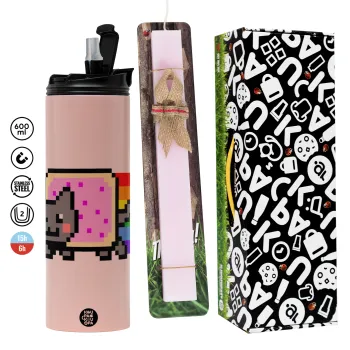 Nyan Pop-Tart Cat, Πασχαλινή Λαμπάδα με  ΡΟΖ Travel Tumbler θερμό (600ml, BPA free) & κερί αρωματικό πλακέ (30cm) (ΡΟΖ)