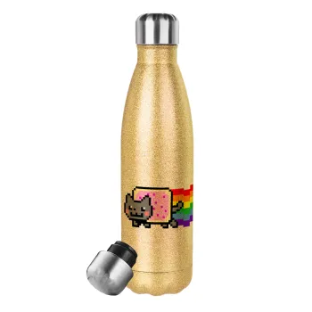 Nyan Pop-Tart Cat, Glitter gold stainless steel thermos bottle, double-walled, 500ml