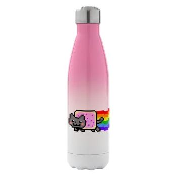 Nyan Pop-Tart Cat, Μεταλλικό παγούρι θερμός Ροζ/Λευκό (Stainless steel), διπλού τοιχώματος, 500ml