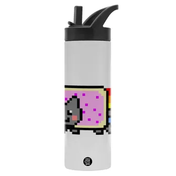 Nyan Pop-Tart Cat, Μεταλλικό παγούρι θερμός με καλαμάκι & χειρολαβή, ανοξείδωτο ατσάλι (Stainless steel 304), διπλού τοιχώματος, 600ml