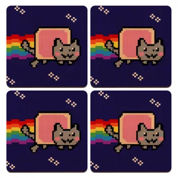 Nyan Pop-Tart Cat, ΣΕΤ x4 Σουβέρ ξύλινα τετράγωνα plywood (9cm)