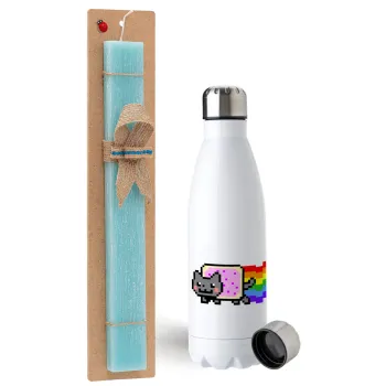 Nyan Pop-Tart Cat, Easter Set, metallic stainless steel water bottle (750ml) & aromatic flat Easter candle (30cm) (TURQUOISE)