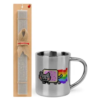 Nyan Pop-Tart Cat, Easter Set, metallic thermal cup (300ml) & Easter aromatic flat candle (30cm) (GRAY)