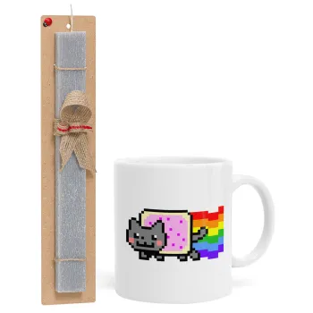 Nyan Pop-Tart Cat, Easter Set, Ceramic Cup (330ml) & Easter aromatic flat candle (30cm) (GRAY)