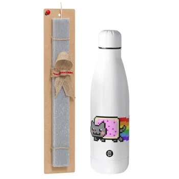 Nyan Pop-Tart Cat, Easter Set, metallic stainless thermos bottle (500ml) & scented flat Easter candle (30cm) (GRAY)