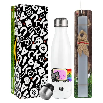 Nyan Pop-Tart Cat, Easter candle, metallic white thermos bottle (500ml) & aromatic flat candle (30cm) (GRAY)