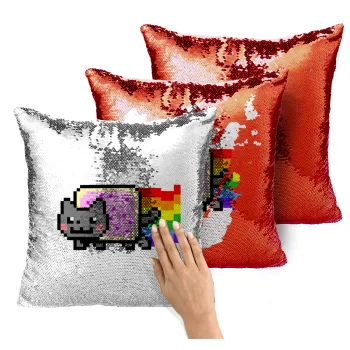 Nyan Pop-Tart Cat, Μαξιλάρι καναπέ Μαγικό Κόκκινο με πούλιες 40x40cm περιέχεται το γέμισμα