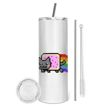 Nyan Pop-Tart Cat, Tumbler ποτήρι θερμό από ανοξείδωτο ατσάλι 600ml, με μεταλλικό καλαμάκι & βούρτσα καθαρισμού