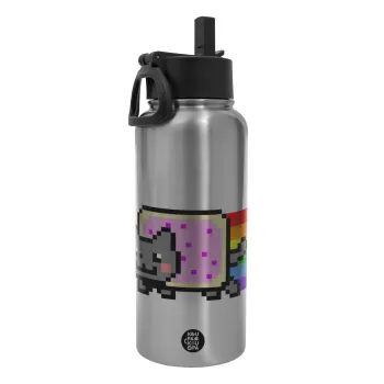 Nyan Pop-Tart Cat, Μεταλλικό παγούρι θερμός Silver με καλαμάκι και χερούλι (Stainless steel), διπλού τοιχώματος, 950ml