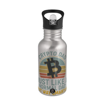 Crypto Dad, Water bottle Silver with straw, stainless steel 500ml